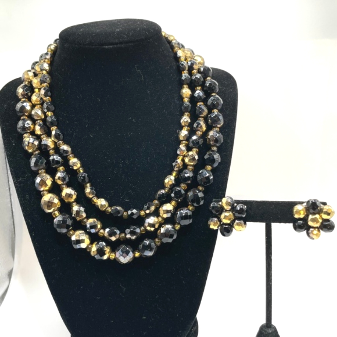 West Germany Signed Vintage Black Gold Glass Crystal Necklace Clip Earrings